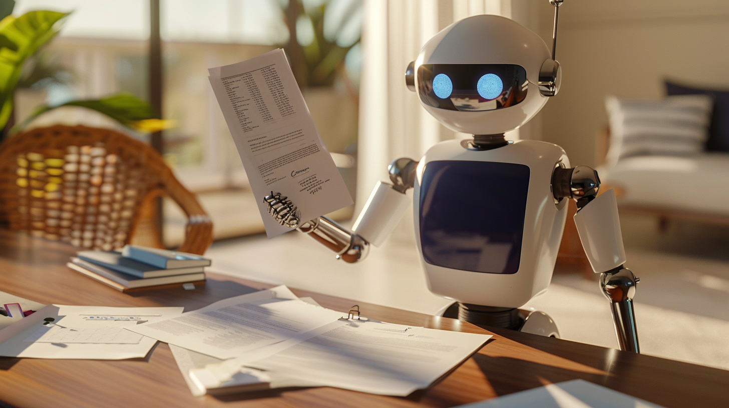 Remy, the RESAI assistant, examining a printed AI output with a diagnostic posture
