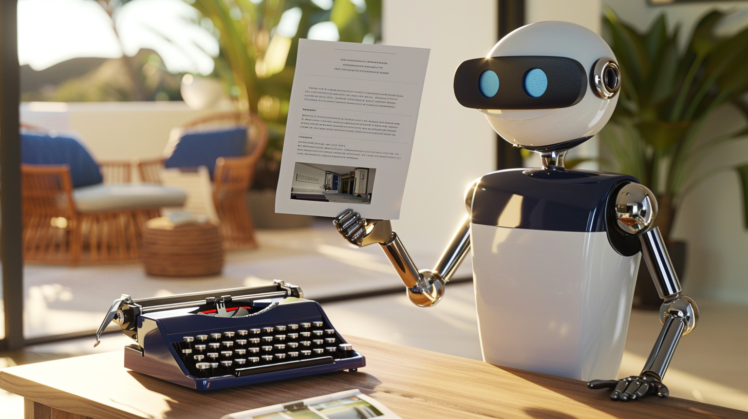 Remy holding a freshly typed listing description page beside a manual typewriter and property photograph